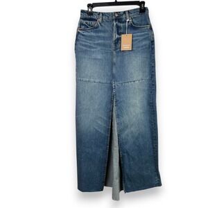 Reformation Tazz Maxi Denim Skirt NWT 25 Medium Wash Front Slit Raw Hem Blue